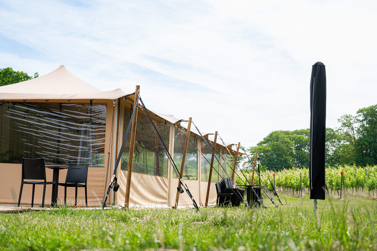Stretchtent in een weiland met luxe framewanden van Eurostretch in zandkleurig tentdoek